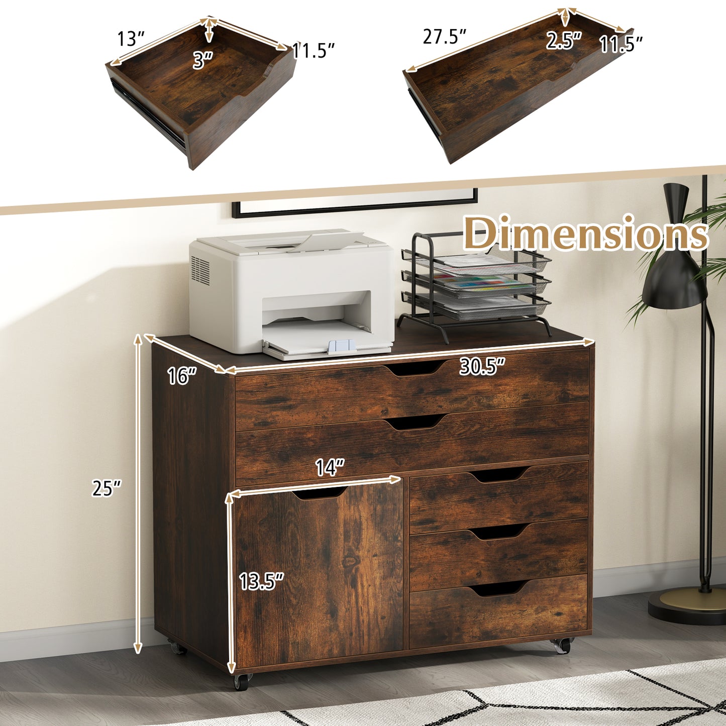 Modern Vertical 5-Drawer Mobile Chest with Door 5 Casters-Brown