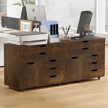 Modern Vertical 5-Drawer Mobile Chest with Door 5 Casters-Brown