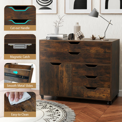 Modern Vertical 5-Drawer Mobile Chest with Door 5 Casters-Brown