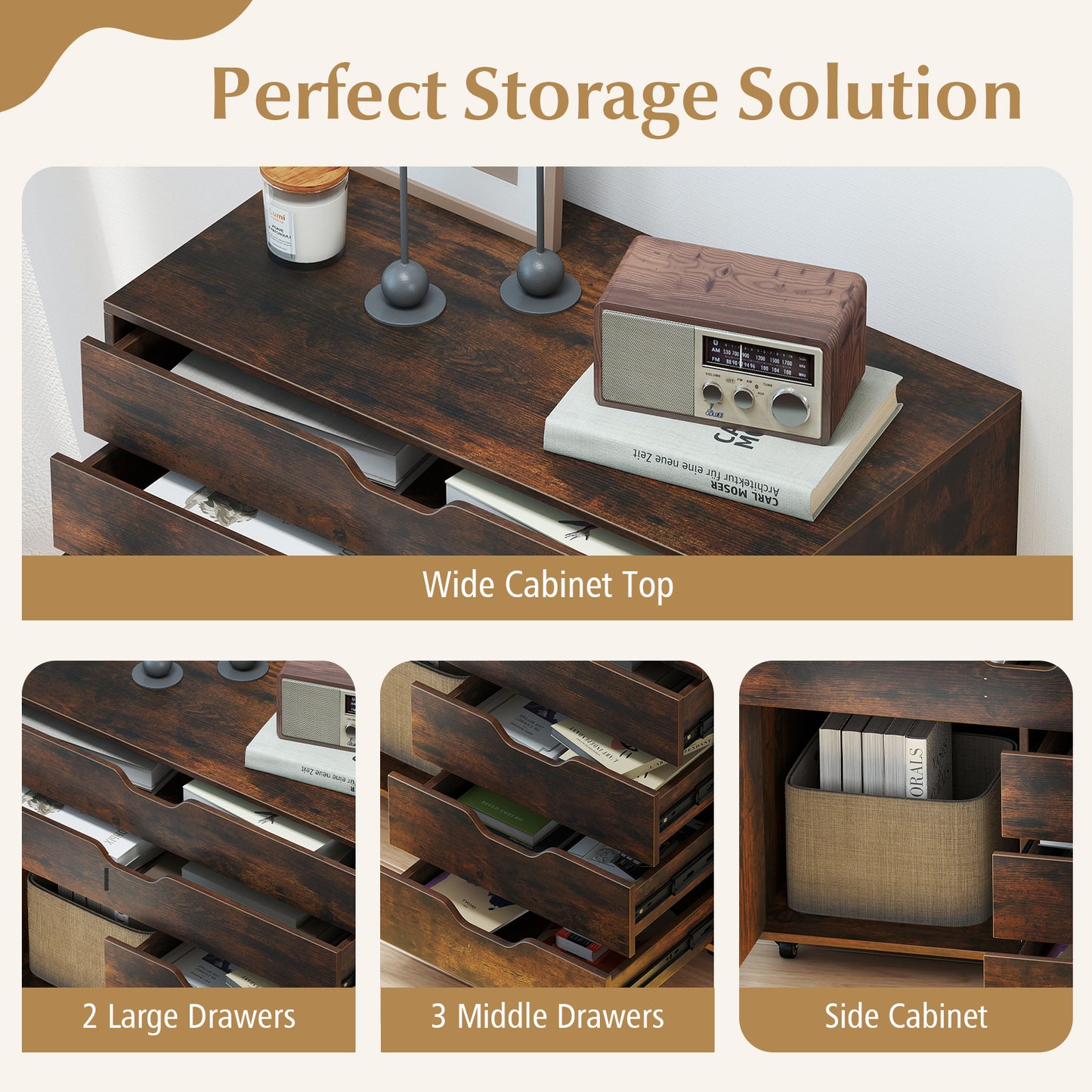 Modern Vertical 5-Drawer Mobile Chest with Door 5 Casters-Brown