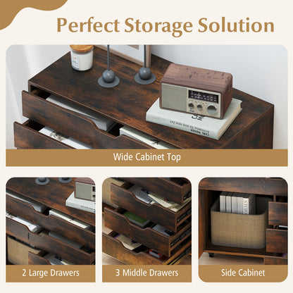 Modern Vertical 5-Drawer Mobile Chest with Door 5 Casters-Brown
