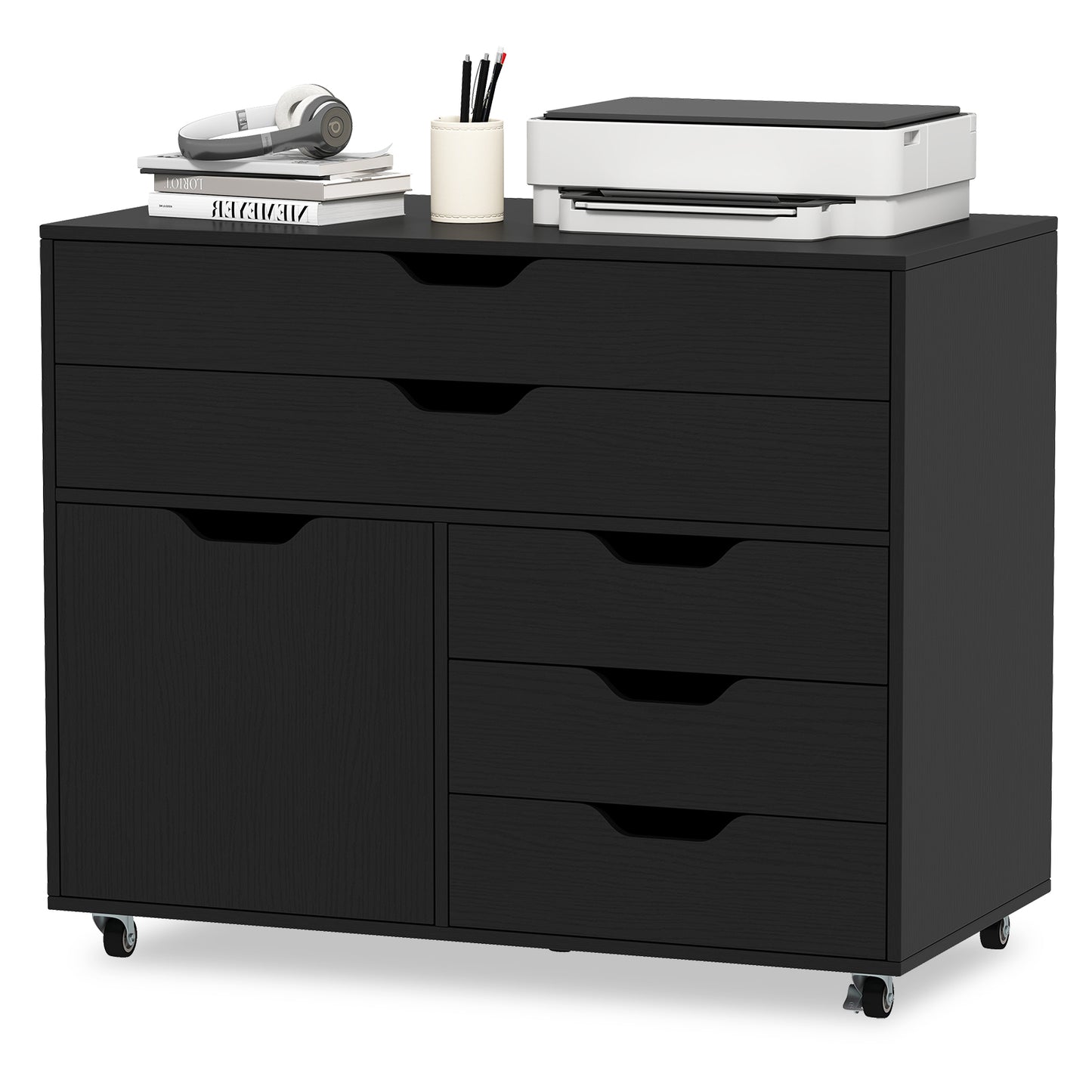 Modern Vertical 5-Drawer Mobile Chest with Door 5 Casters-Black