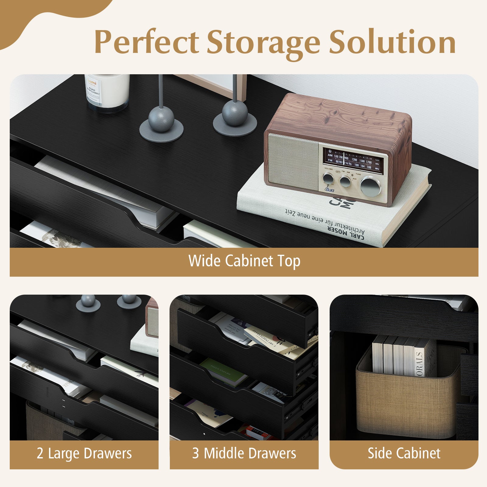 Modern Vertical 5-Drawer Mobile Chest with Door 5 Casters-Black