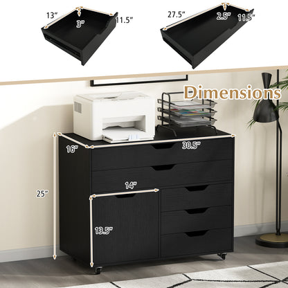 Modern Vertical 5-Drawer Mobile Chest with Door 5 Casters-Black