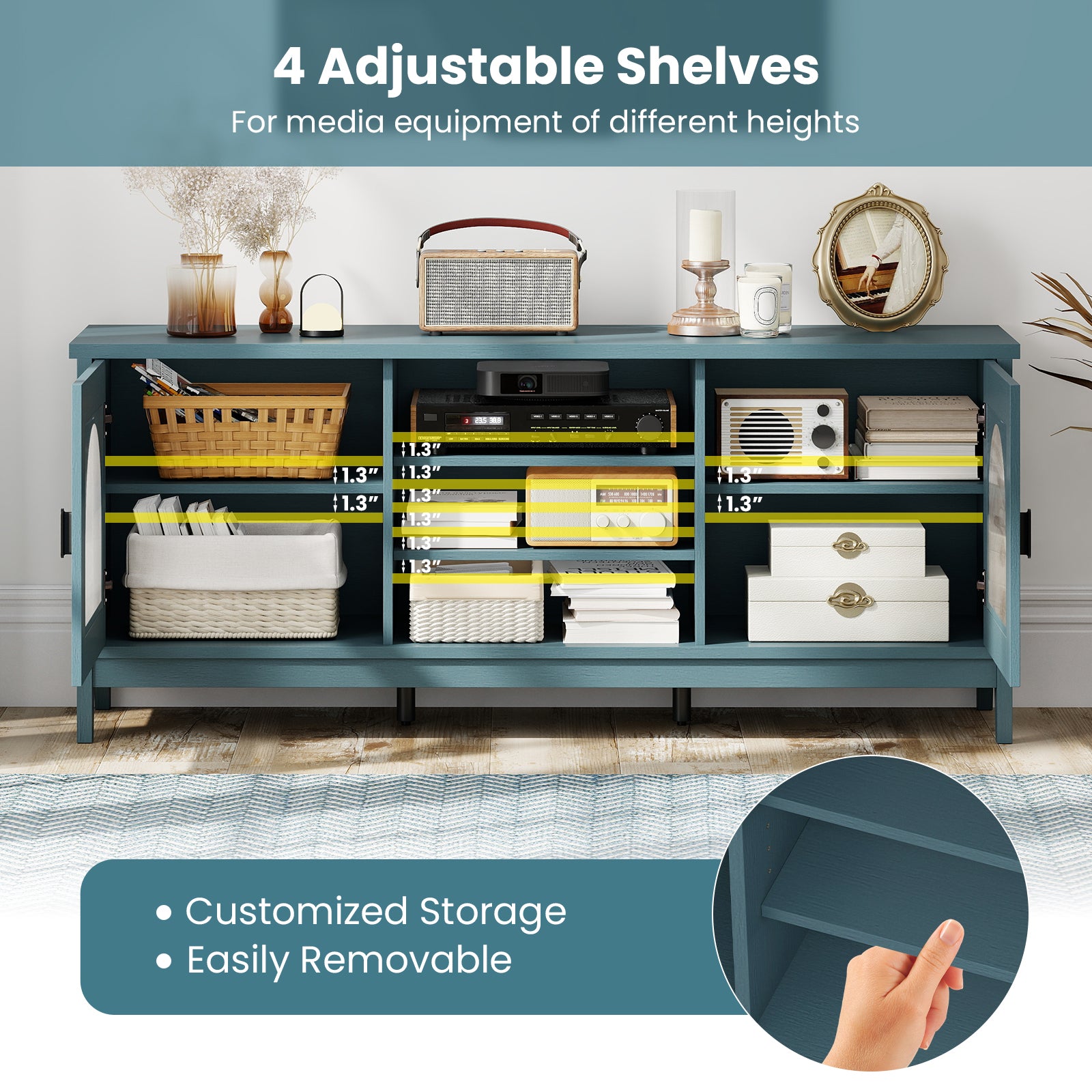 Modern Vintage TV Cabinet with Adjustable Shelves and 2 Cable Holes for TVs up to 65 Inches-Turquoise