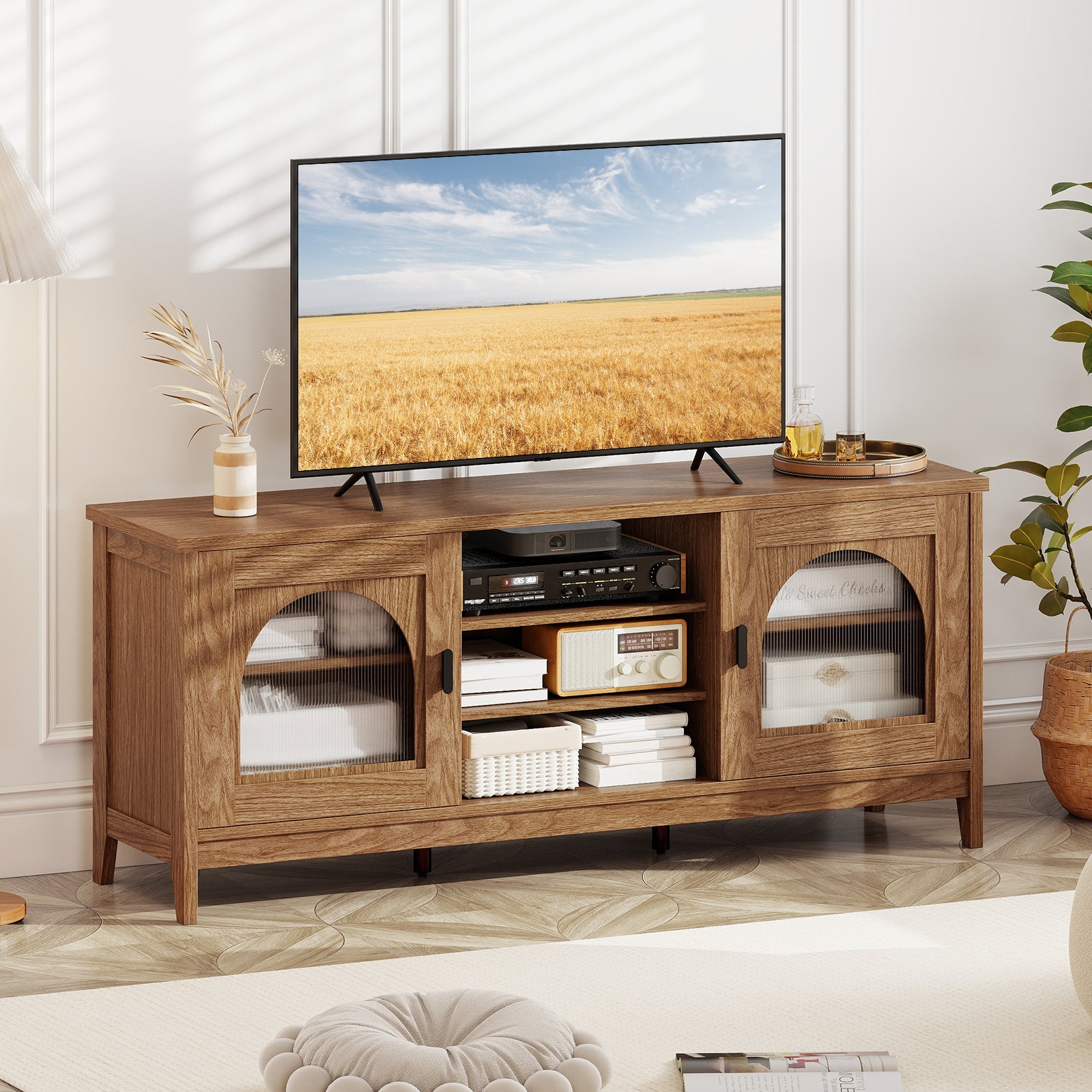 Modern Vintage TV Cabinet with Adjustable Shelves and 2 Cable Holes for TVs up to 65 Inches-Walnut