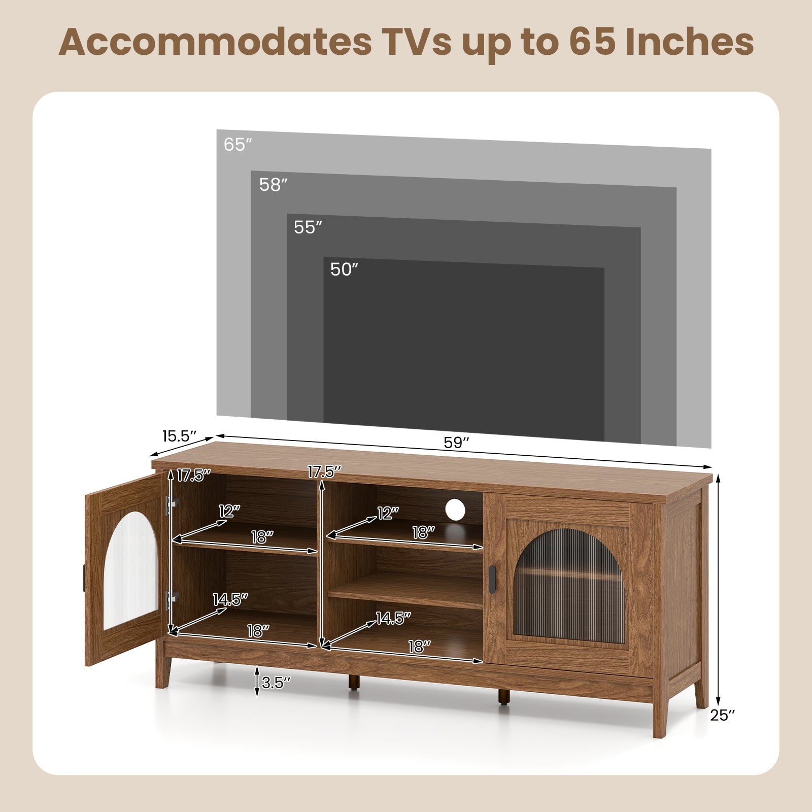 Modern Vintage TV Cabinet with Adjustable Shelves and 2 Cable Holes for TVs up to 65 Inches-Walnut