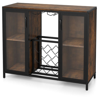 Modern Wine Cabinet with LED Lights and Remote for Kitchen Living Room-Rustic Brown