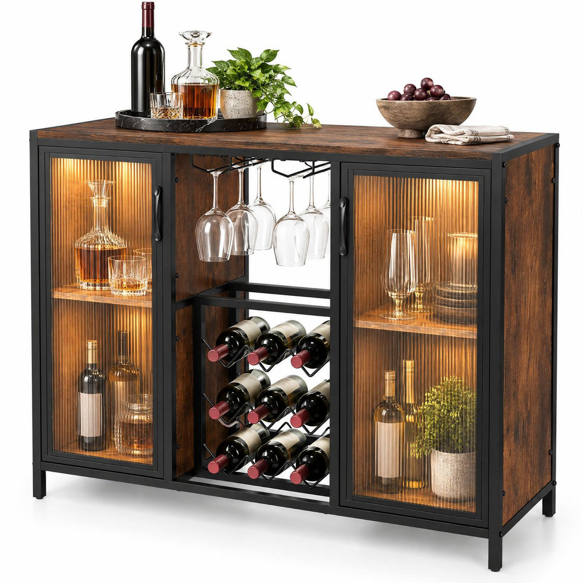Modern Wine Cabinet with LED Lights and Remote for Kitchen Living Room-Rustic Brown