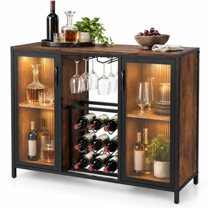 Modern Wine Cabinet with LED Lights and Remote for Kitchen Living Room-Rustic Brown