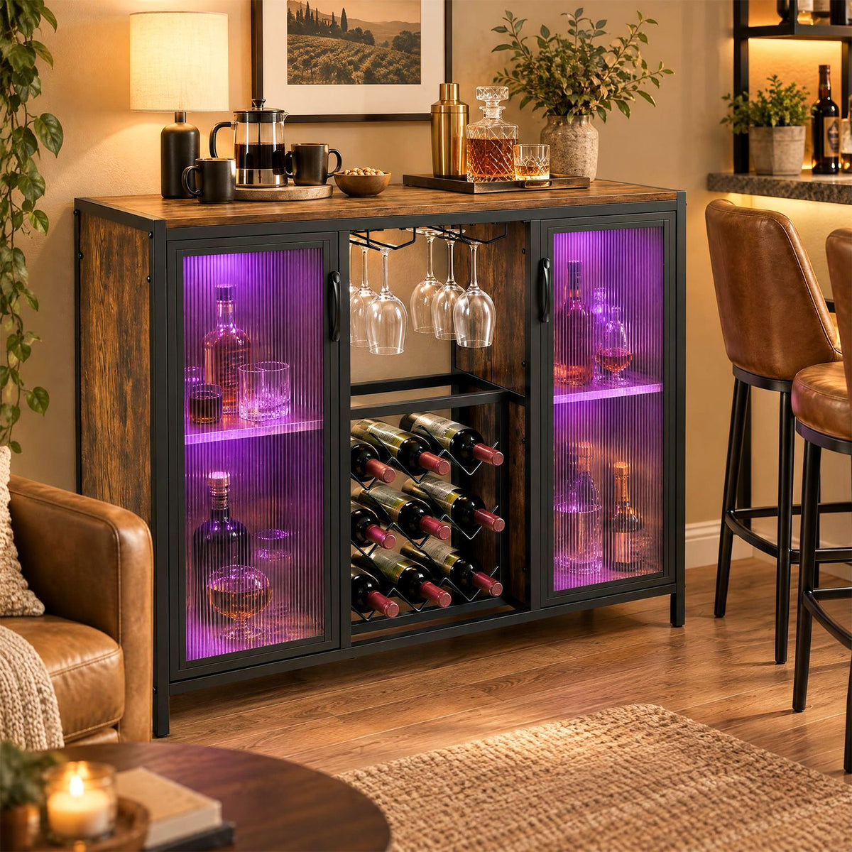 Modern Wine Cabinet with LED Lights and Remote for Kitchen Living Room-Rustic Brown