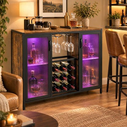 Modern Wine Cabinet with LED Lights and Remote for Kitchen Living Room-Rustic Brown