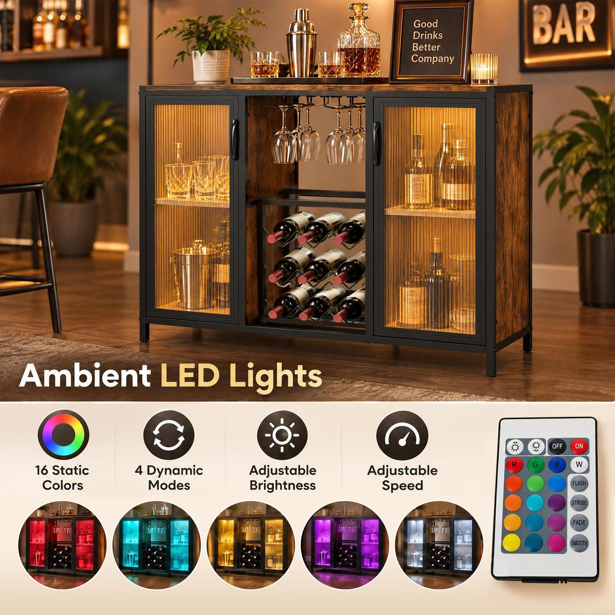 Modern Wine Cabinet with LED Lights and Remote for Kitchen Living Room-Rustic Brown