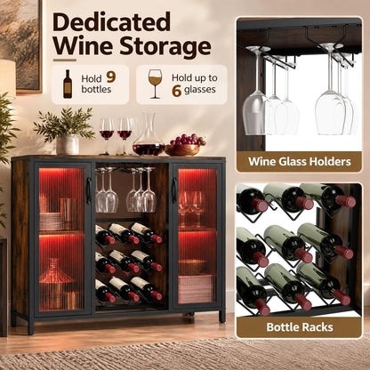 Modern Wine Cabinet with LED Lights and Remote for Kitchen Living Room-Rustic Brown