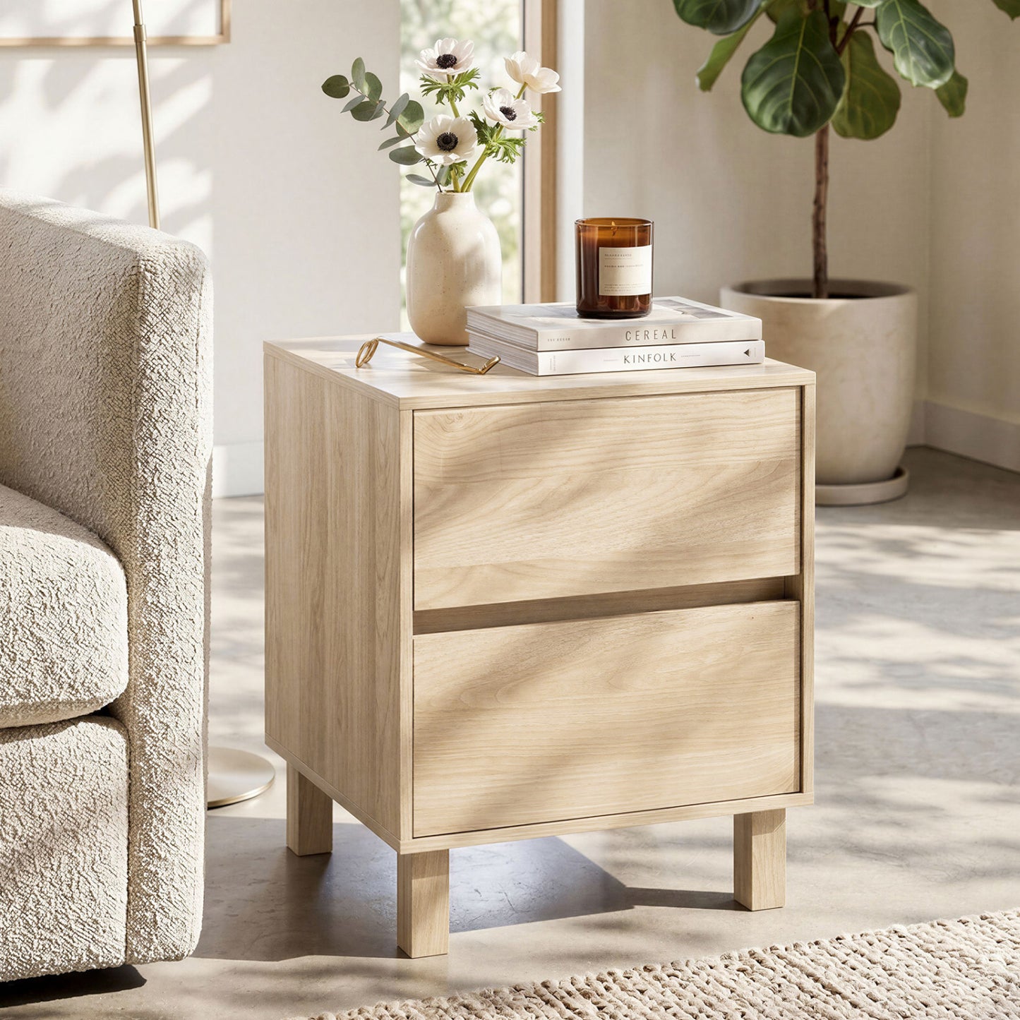 End Table with 2 Storage Drawers - Natural Wood Finish