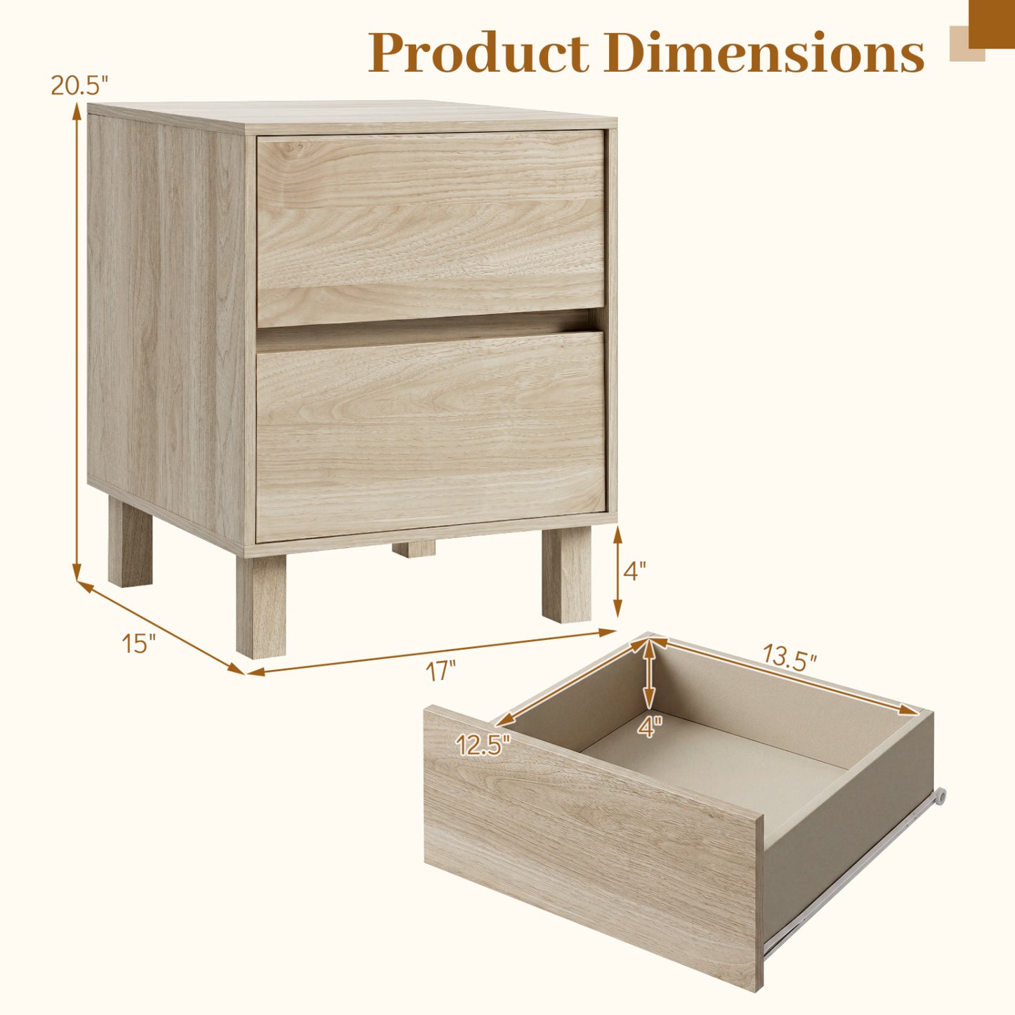 End Table with 2 Storage Drawers - Natural Wood Finish