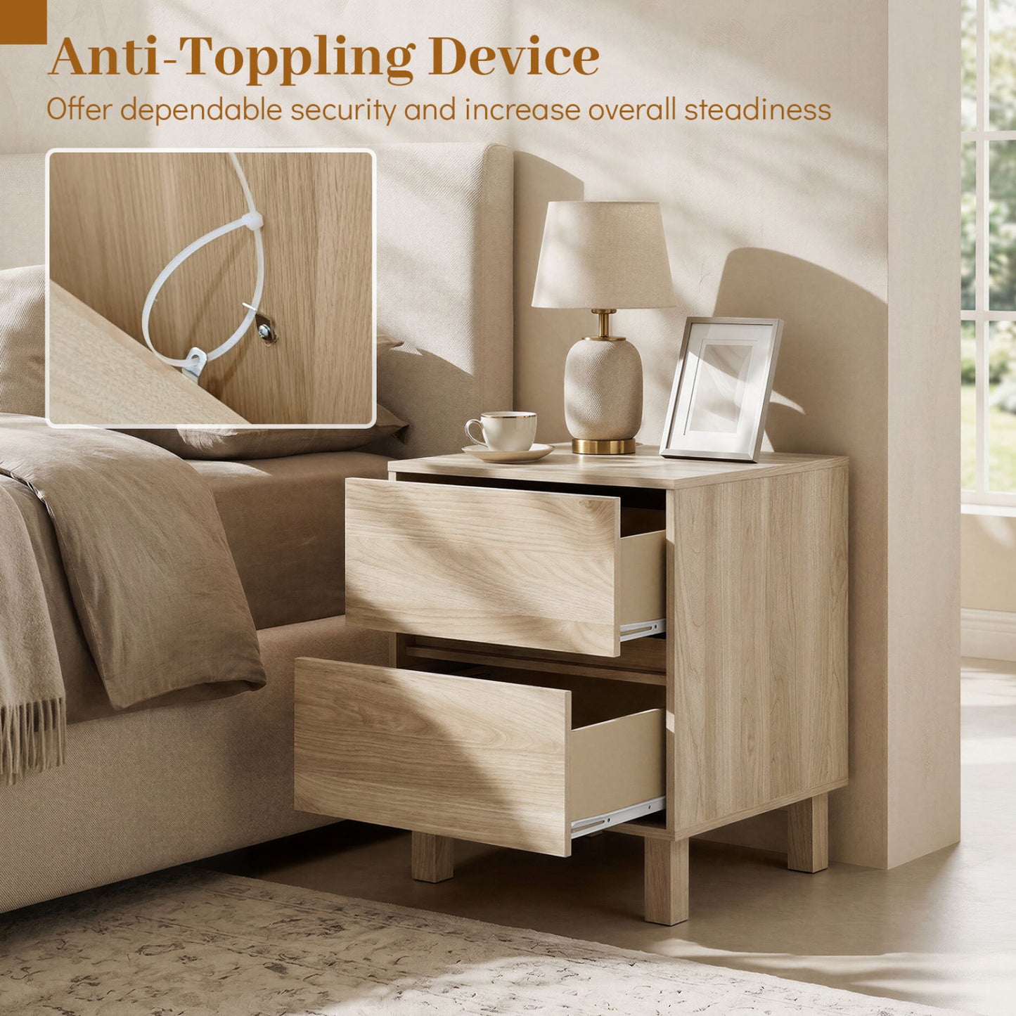End Table with 2 Storage Drawers - Natural Wood Finish