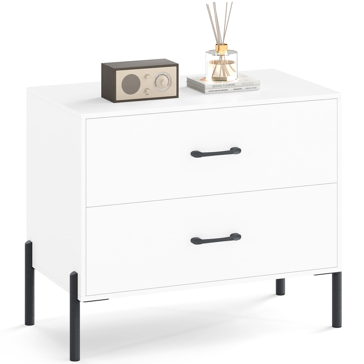 Modern Wooden 2-Drawer Nightstand with Metal Legs and Handles-White