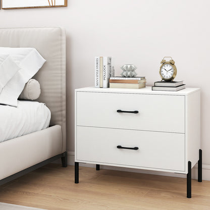 Modern Wooden 2-Drawer Nightstand with Metal Legs and Handles-White