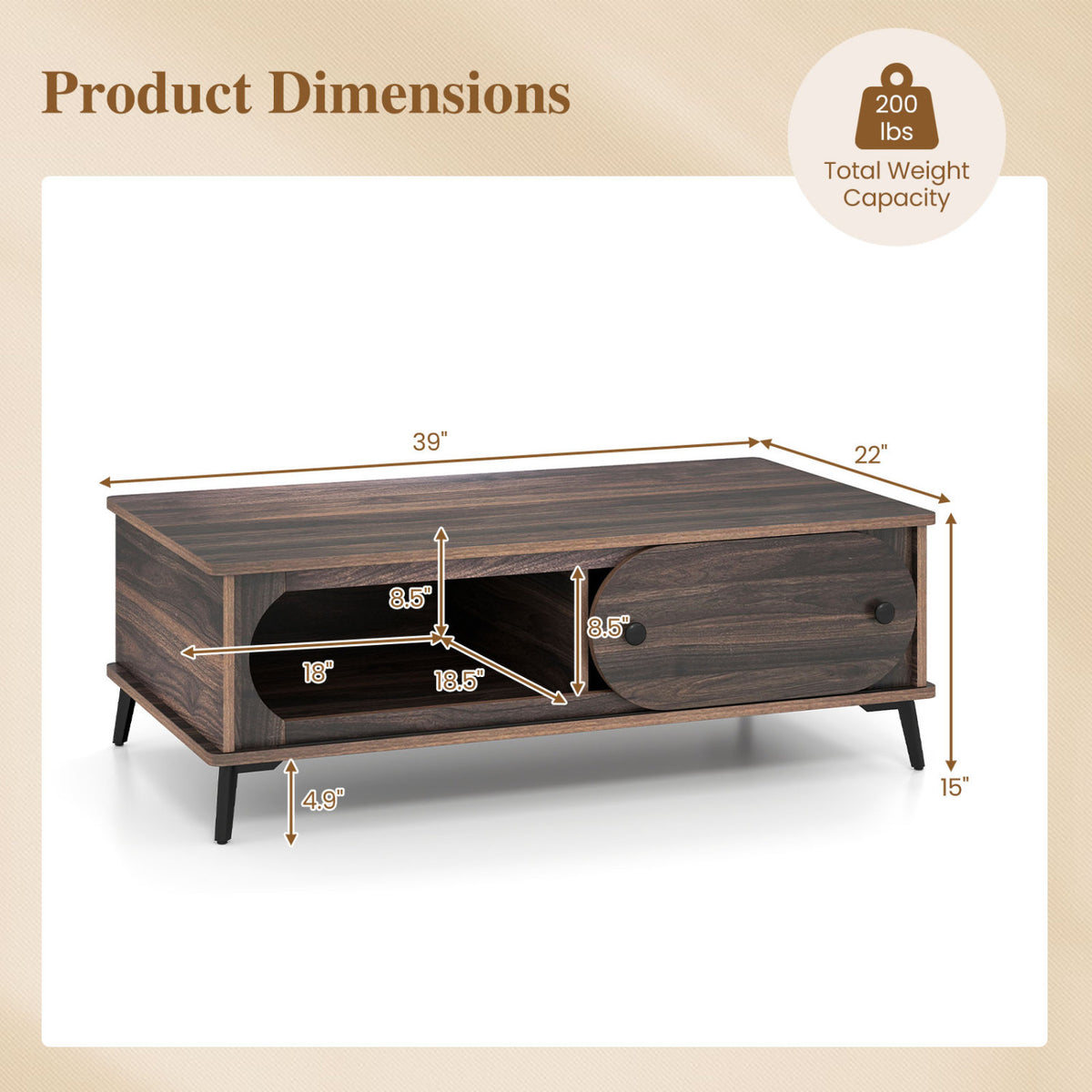 Coffee Table with Sliding Door and 2 Compartments - Walnut