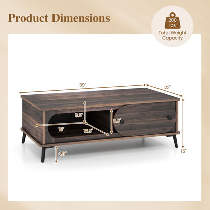 Coffee Table with Sliding Door and 2 Compartments - Walnut