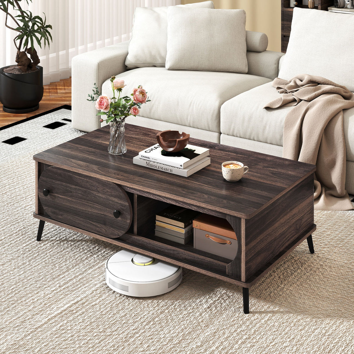 Coffee Table with Sliding Door and 2 Compartments - Walnut