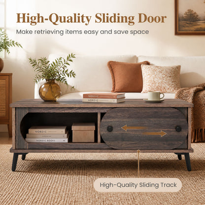 Coffee Table with Sliding Door and 2 Compartments - Walnut