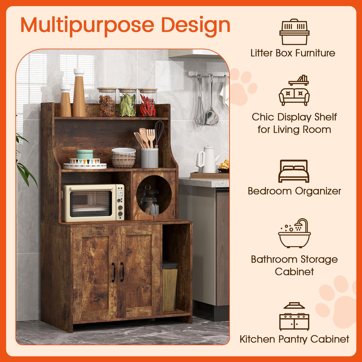 Modern Wooden Industrial Cat Litter Box Enclosure with Storage Shelves-Brown