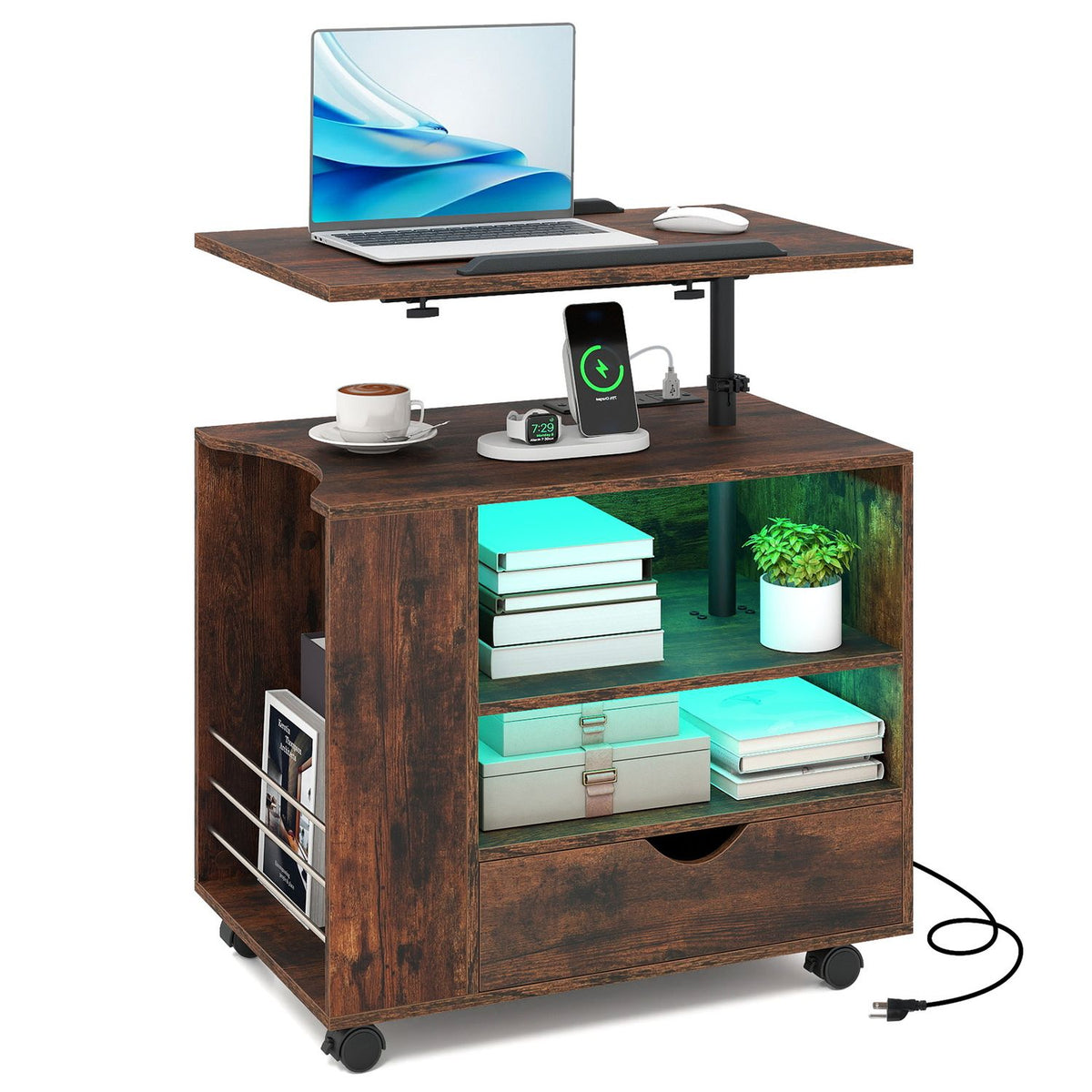 Modern Wooden Nightstand with Charging Station and LED Lights for Dorm and Bedroom-Brown