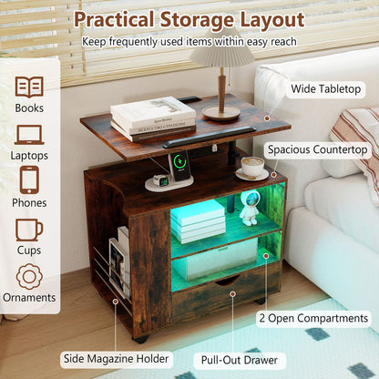 Modern Wooden Nightstand with Charging Station and LED Lights for Dorm and Bedroom-Brown