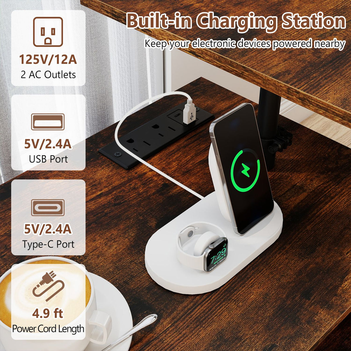Modern Wooden Nightstand with Charging Station and LED Lights for Dorm and Bedroom-Brown