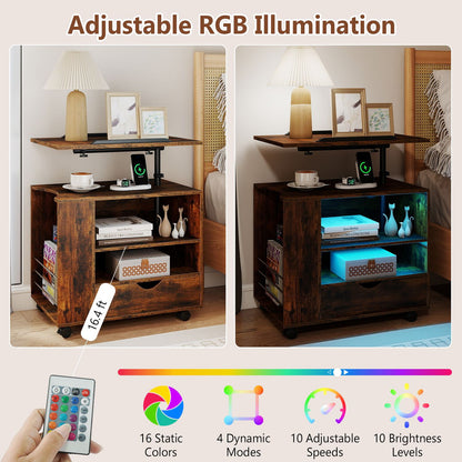 Modern Wooden Nightstand with Charging Station and LED Lights for Dorm and Bedroom-Brown