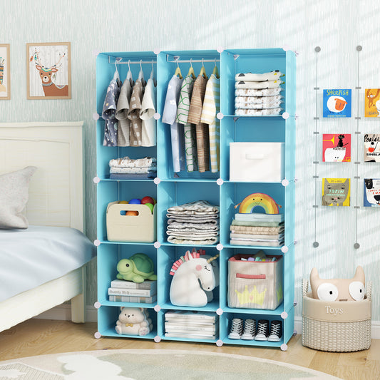 13-Cube Modular Kids Wardrobe with Hanging Rod and Shelves