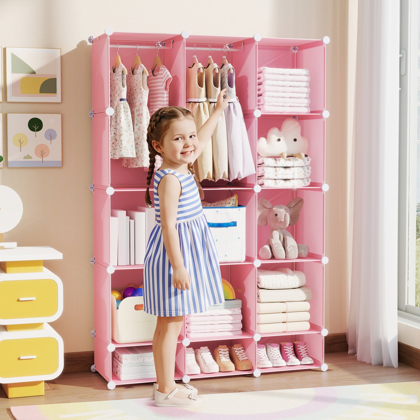 13-Cube Modular Kids Wardrobe with Hanging Rod and Shelves