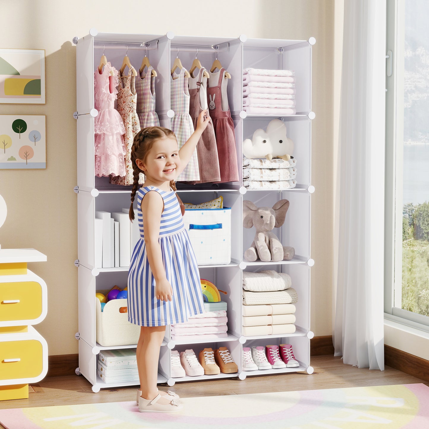 13-Cube Modular Kids Wardrobe with Hanging Rod and Shelves