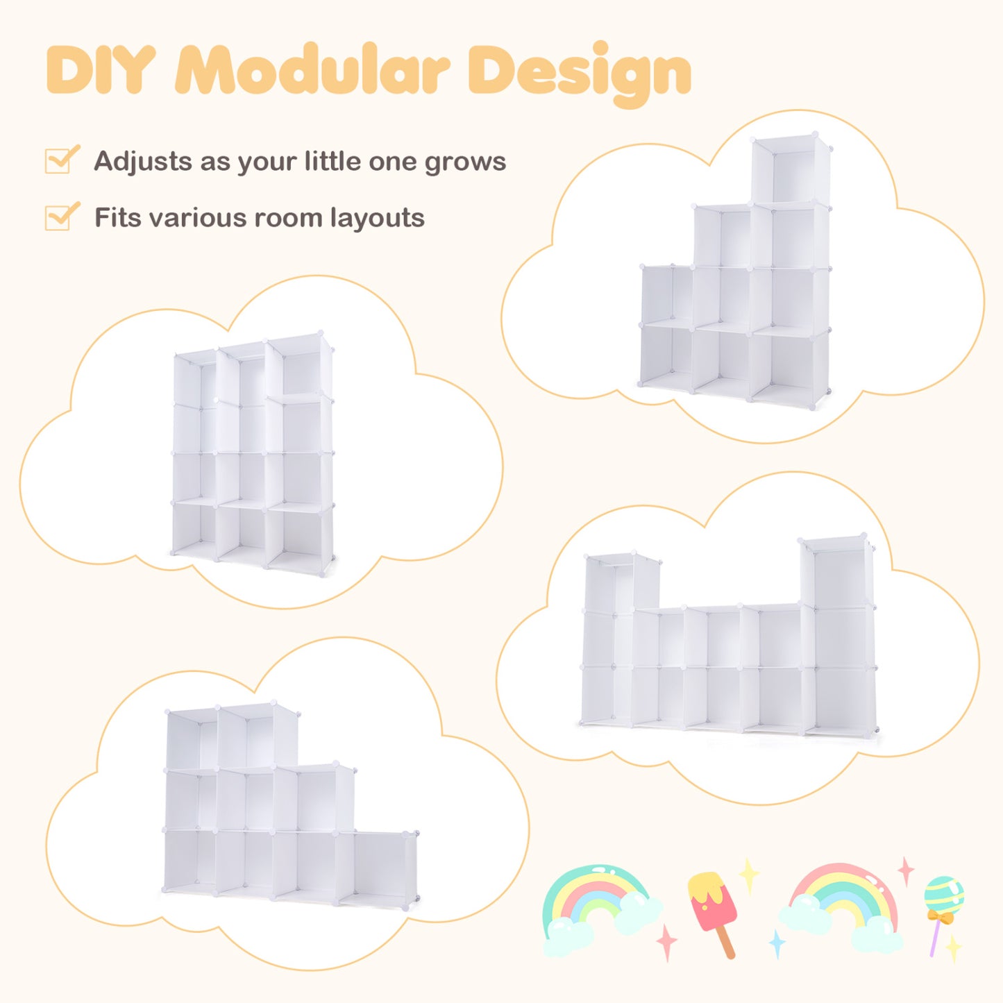 Modular Kids Wardrobe with 10 Cubes & Hanging Rod