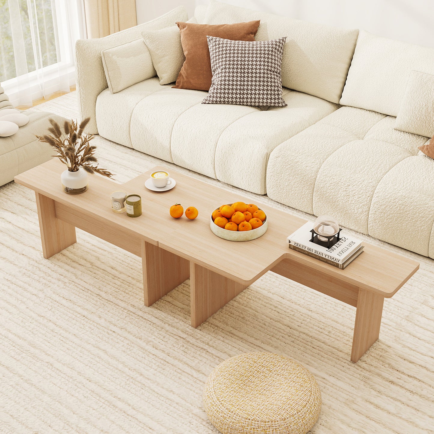 Modular Coffee Table Set of 2 L Shaped Center Tables for Small Space-Oak