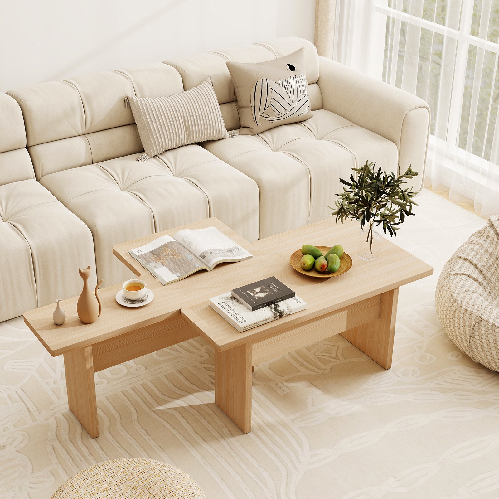 Modular Coffee Table Set of 2 L Shaped Center Tables for Small Space-Oak