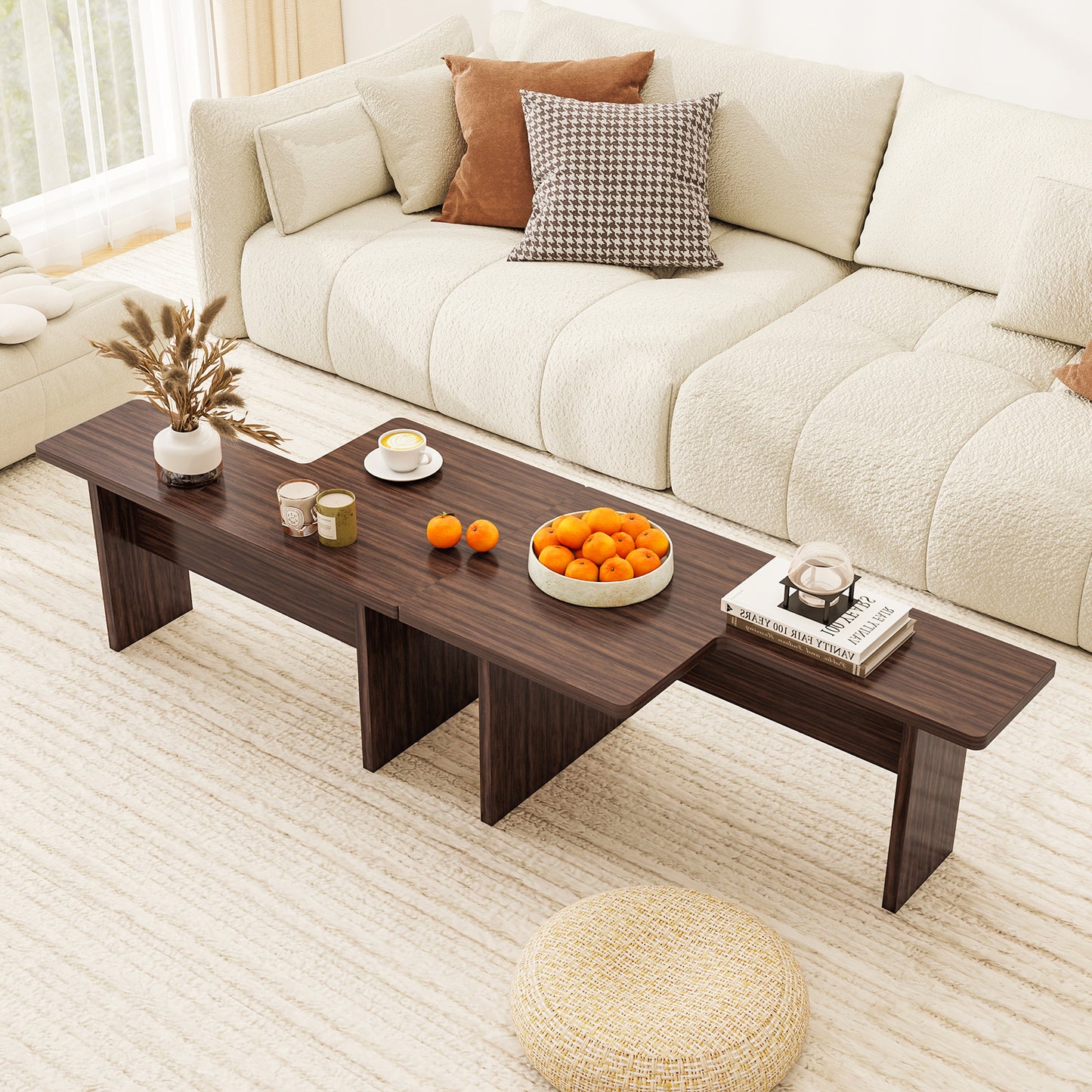 Modular Coffee Table Set of 2 L Shaped Center Tables for Small Space-Walnut