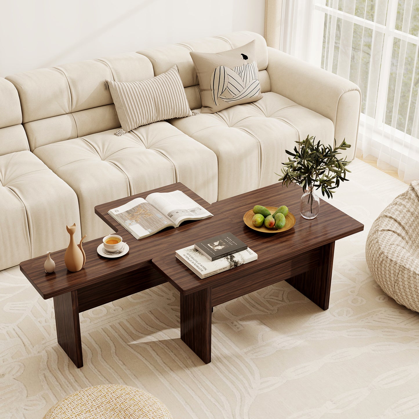 Modular Coffee Table Set of 2 L Shaped Center Tables for Small Space-Walnut