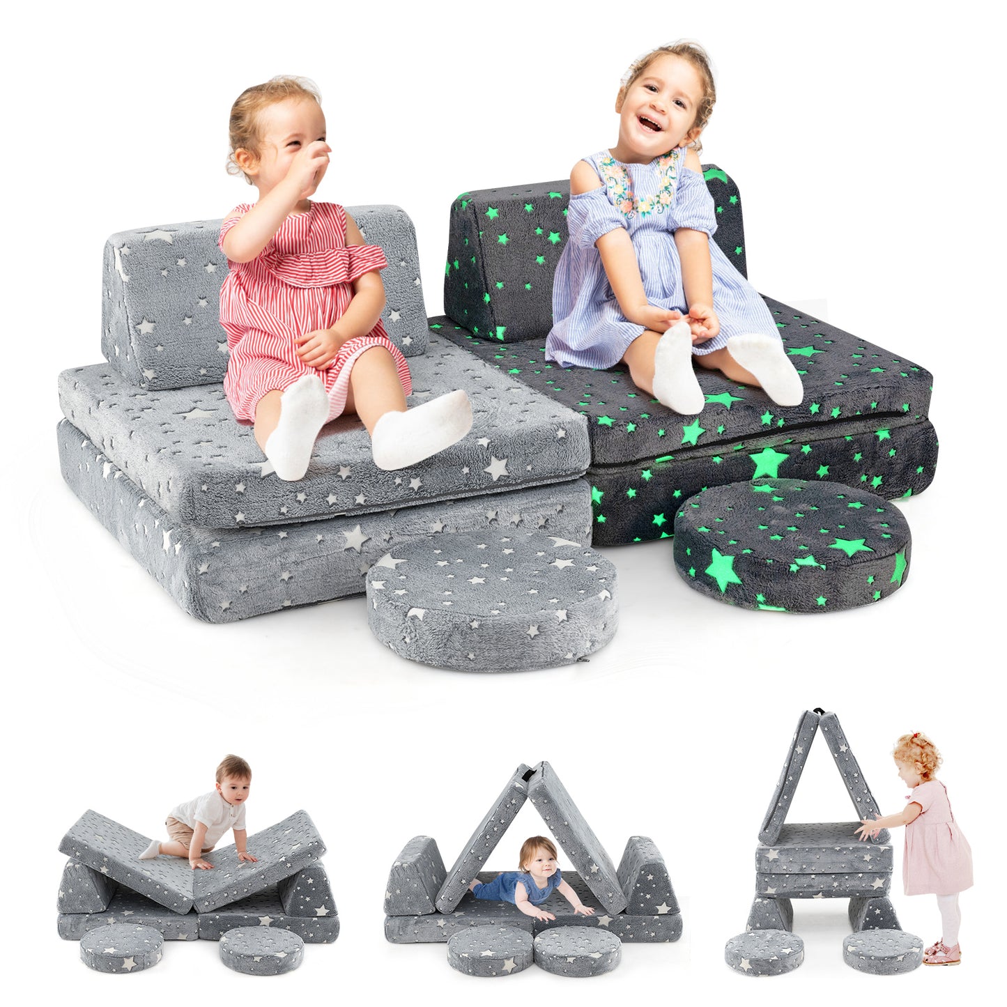 Modular Kids Play Couch Set Glow in the Dark with Portable Handles-Pink - Gray