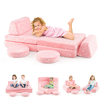 Modular Kids Play Couch Set Glow in the Dark with Portable Handles-Pink - Pink