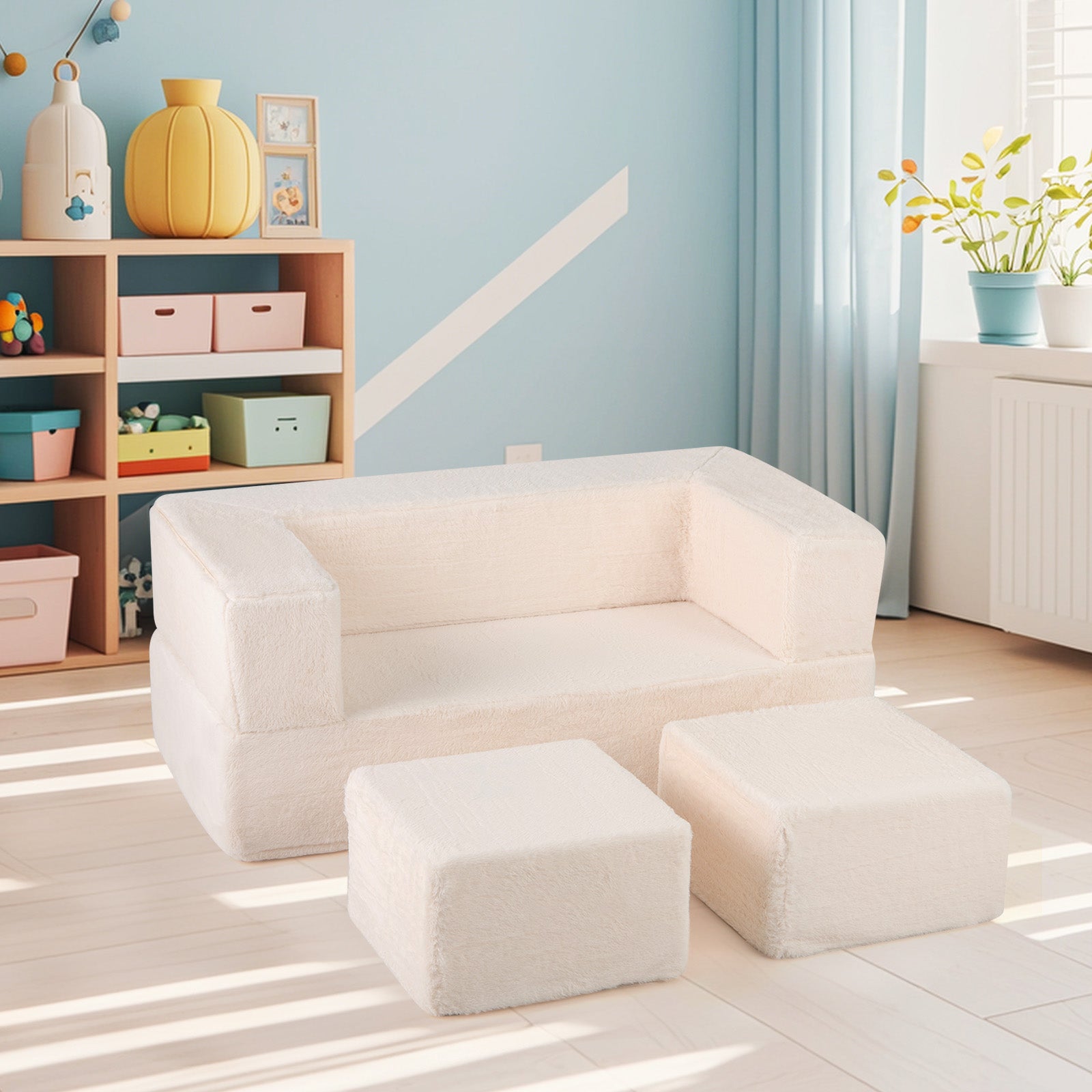 Modular Kids Sofa Couch Convertible Foam Armchair for Children-Beige
