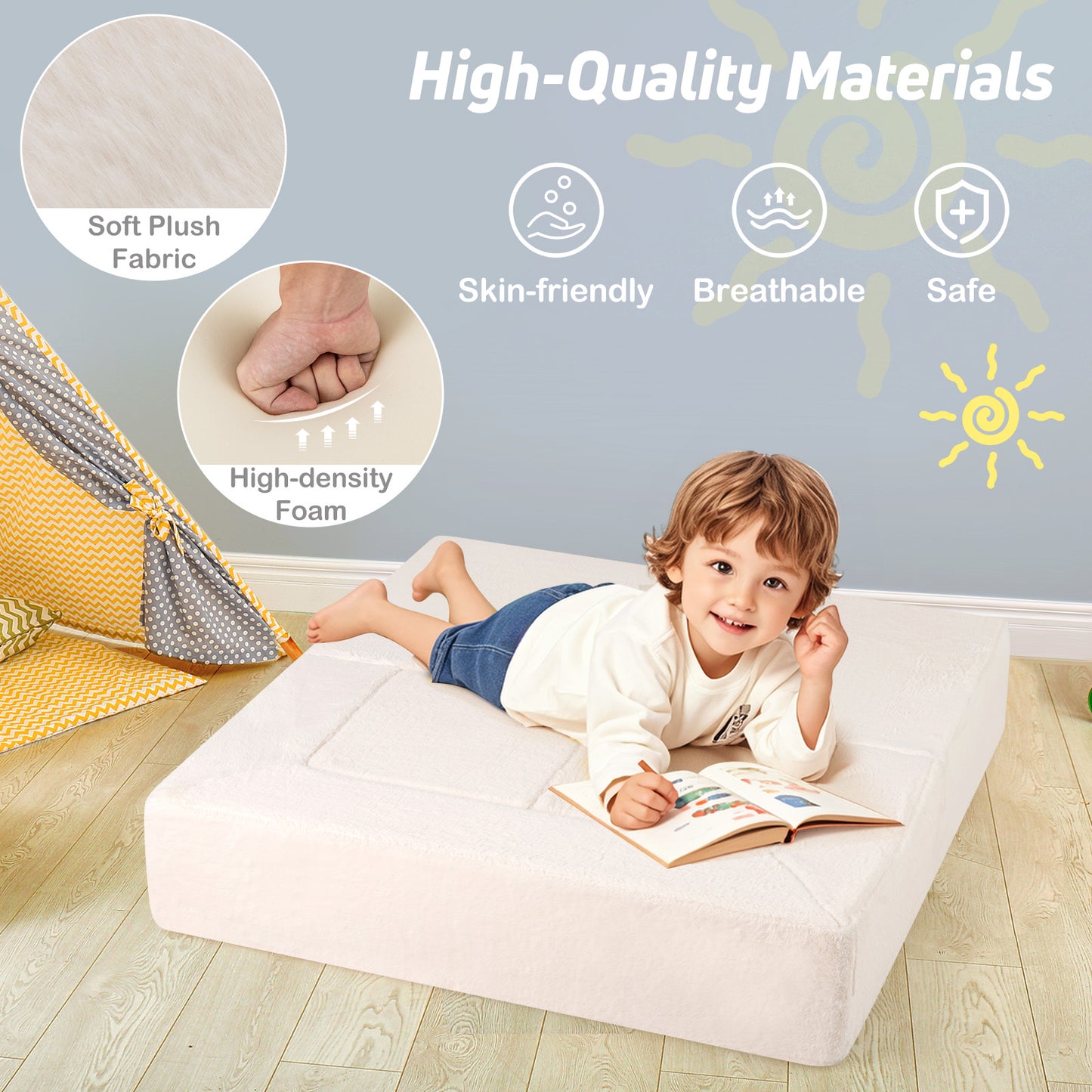 Modular Kids Sofa Couch Convertible Foam Armchair for Children-Beige