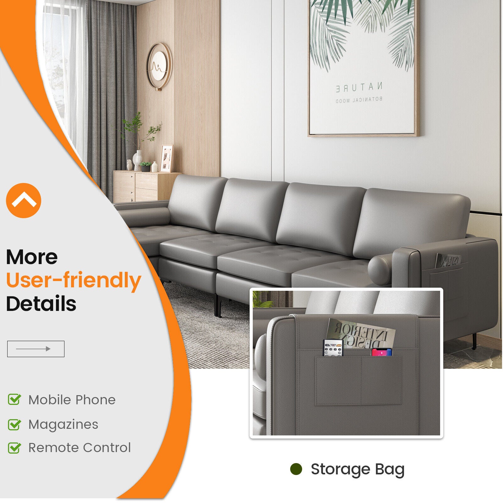Modular L-shaped 4-Seat Sectional Sofa with Reversible Chaise and 2 USB Socket