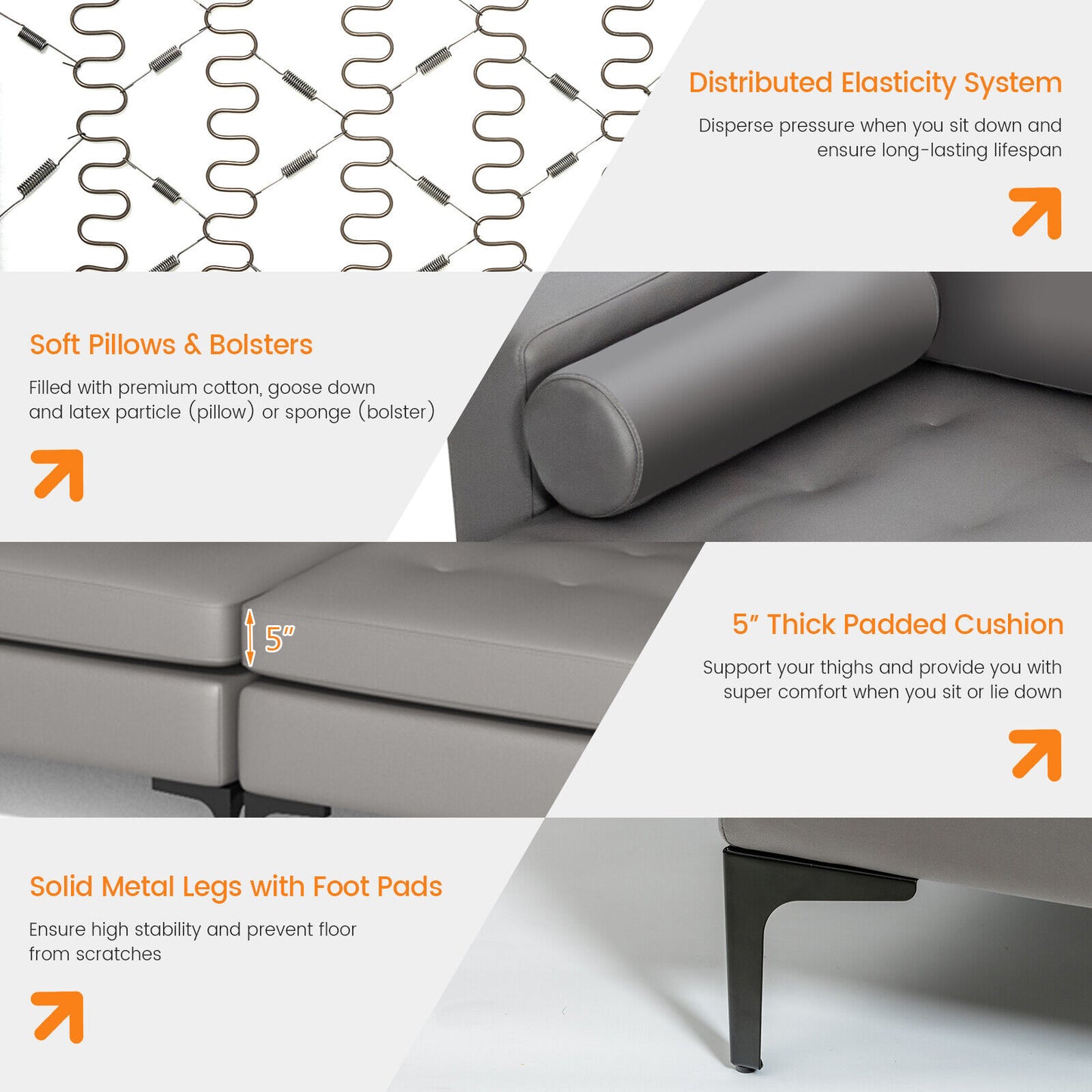 Modular L-shaped 4-Seat Sectional Sofa with Reversible Chaise and 2 USB Socket