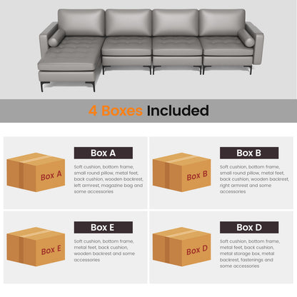 Modular L-shaped 4-Seat Sectional Sofa with Reversible Chaise and 2 USB Socket