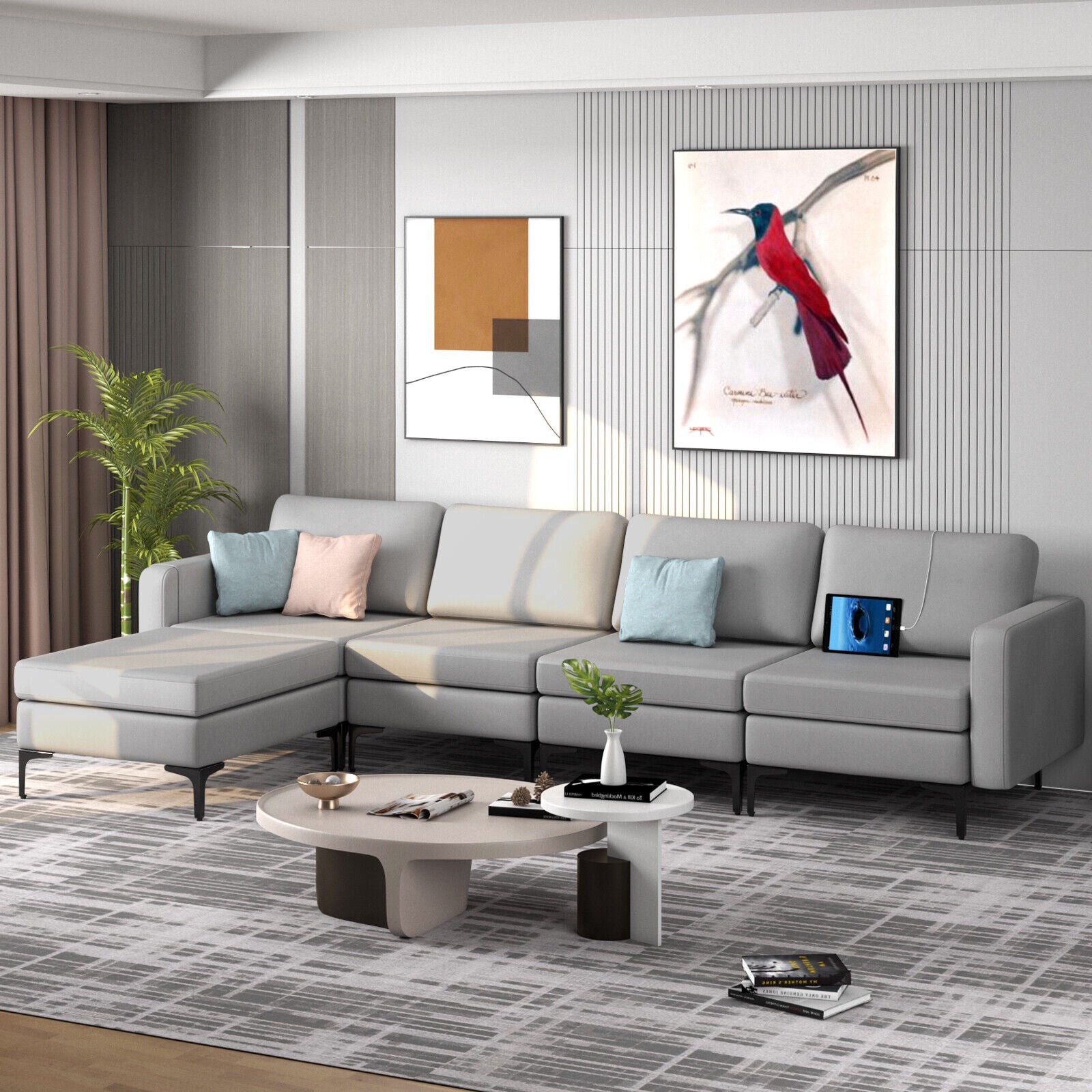 Modular L-shaped Sectional Sofa with Reversible Ottoman and 2 USB Ports-Light Gray