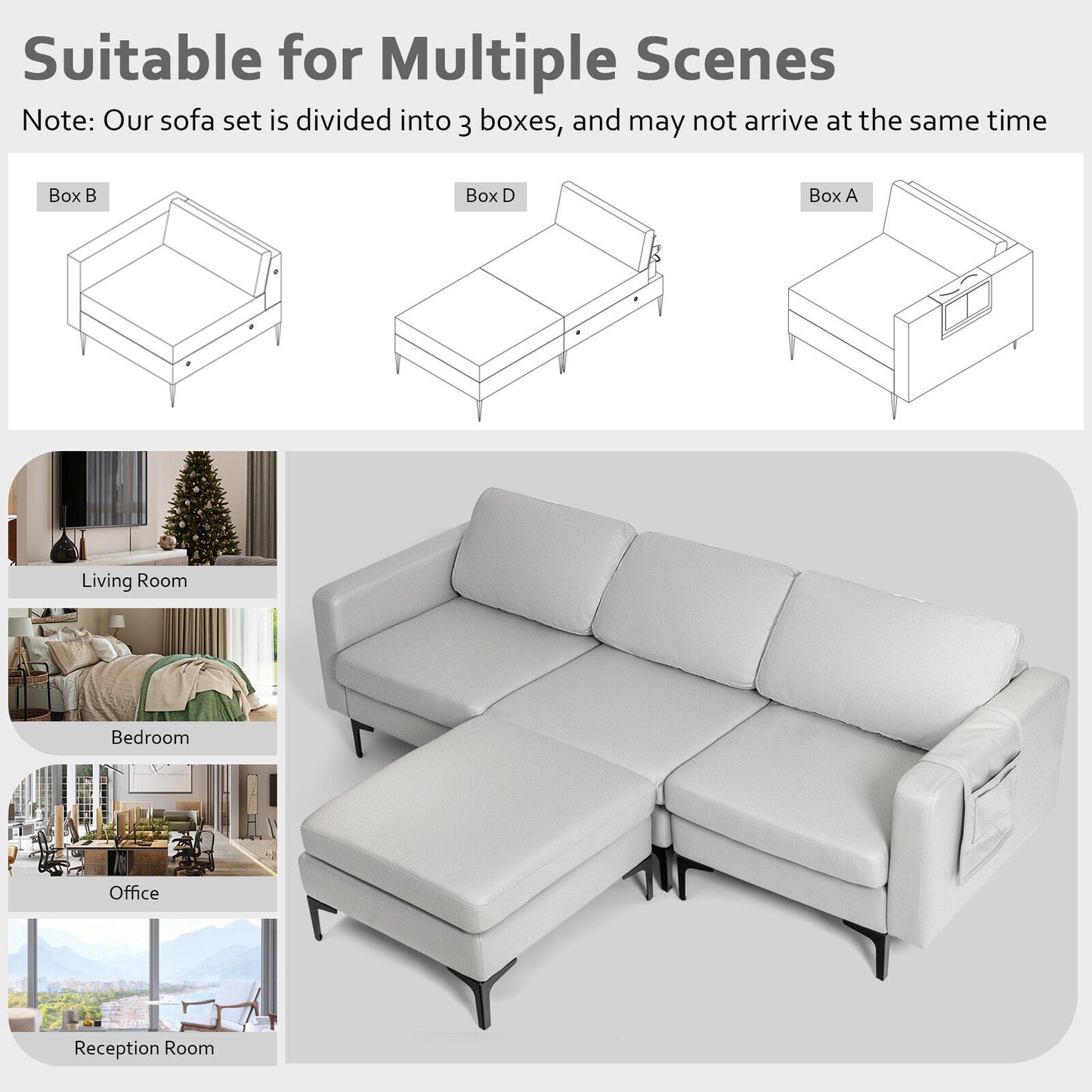 Modular 3-Seat L-shaped Sectional Sofa with Reversible Chaise and 2 USB Ports-Blue - Light Gray