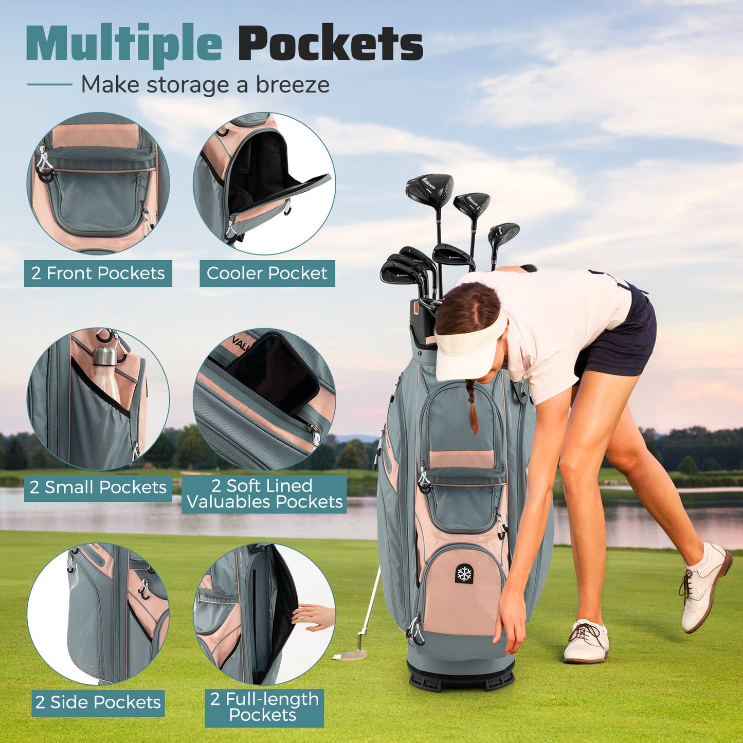 Molded Lock Top Golf Cart Bag with 14-Way Full Length Dividers and 11 Pockets-Orange